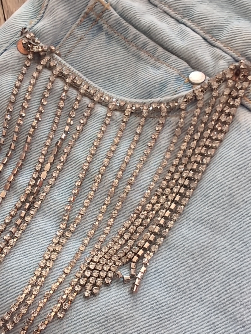 H&M Denim Shorts Blue Fringe Rhinestone High Rise - Picture 14 of 15